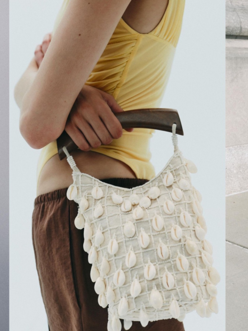 Zara Cream Shell-Embellished Shoulder Bag with Wooden Handle